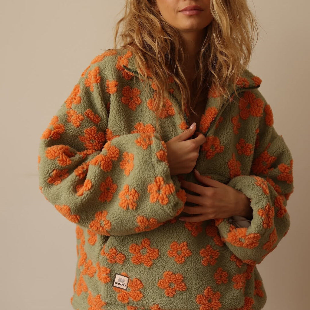 Women's Floral Sherpa Pullover | Oversized Teddy Fleece Quarter-Zip Jumper | Cosy Casual Knitwear