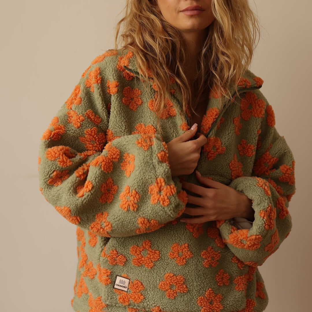 Women's Floral Sherpa Pullover | Oversized Teddy Fleece Quarter-Zip Jumper | Cosy Casual Knitwear