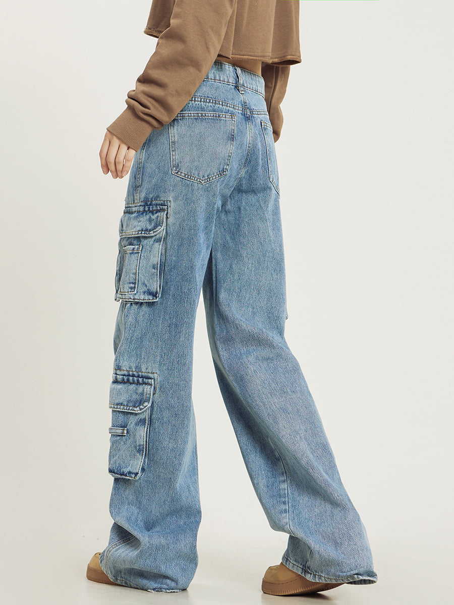Lena Women's Multi-Pocket Cargo Jeans | Wide Leg Utility Denim | Casual Streetwear Everyday Jean