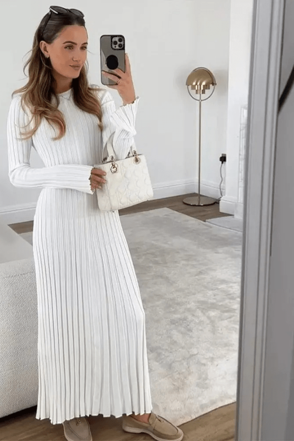 Maeve Women's Ribbed Knit Pleated Maxi Dress | Long Sleeve Smart Casual Dress | Everyday & Evening