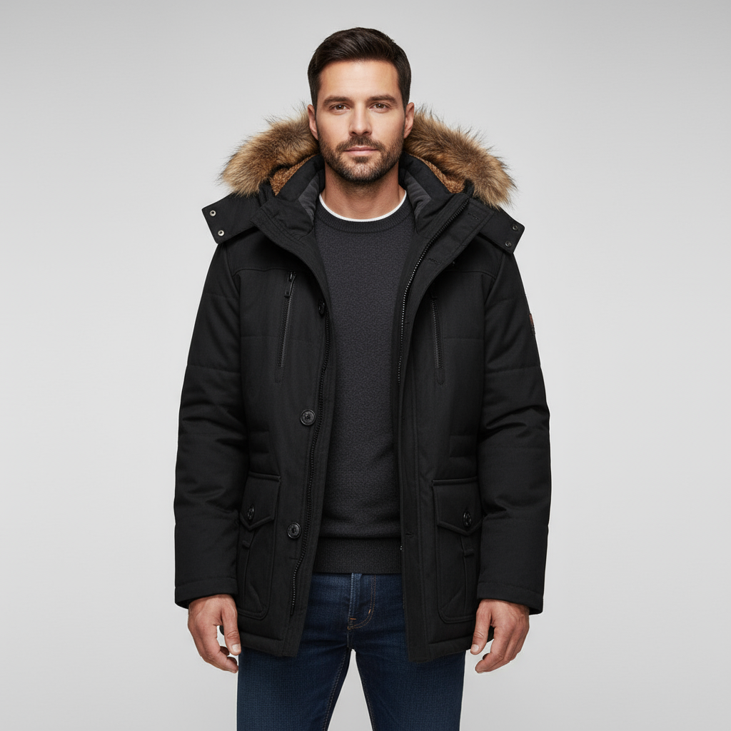 Arctic Men's Winter Parka with Faux Fur Collar | Warm Padded Hooded Parka Jacket for Men | Windproof Cold Weather Outdoor Outerwear