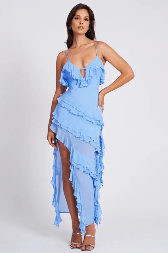 Aiah Women's Chiffon Ruffle Tiered Midi Dress | Asymmetric Going Out Dress | Evening & Casual