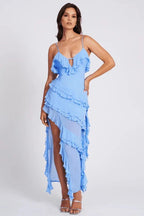 Aiah Women's Chiffon Ruffle Tiered Midi Dress | Asymmetric Going Out Dress | Evening & Casual