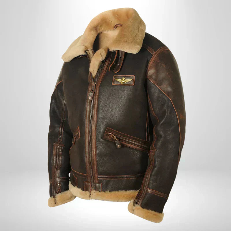 Aurelius Men's Faux Leather Aviator Jacket | Shearling Collar Bomber Flight Jacket for Men | Vintage Military Inspired Winter Outerwear