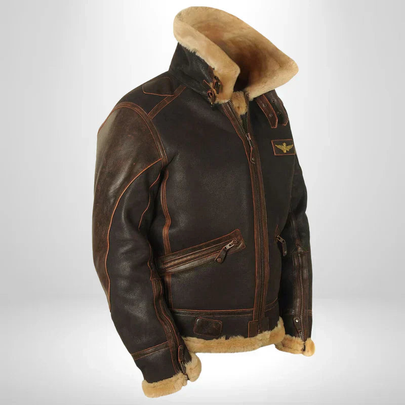 Aurelius Men's Faux Leather Aviator Jacket | Shearling Collar Bomber Flight Jacket for Men | Vintage Military Inspired Winter Outerwear