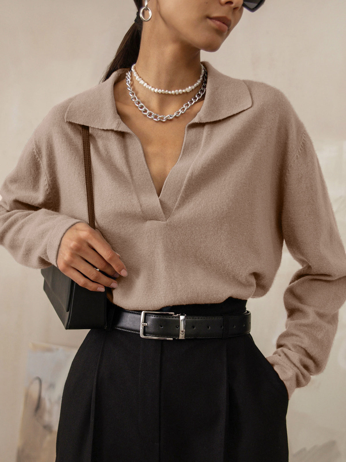 Leonore Women's Collared V-Neck Jumper | Soft Knit Polo Collar Sweater | Smart Casual Knitwear