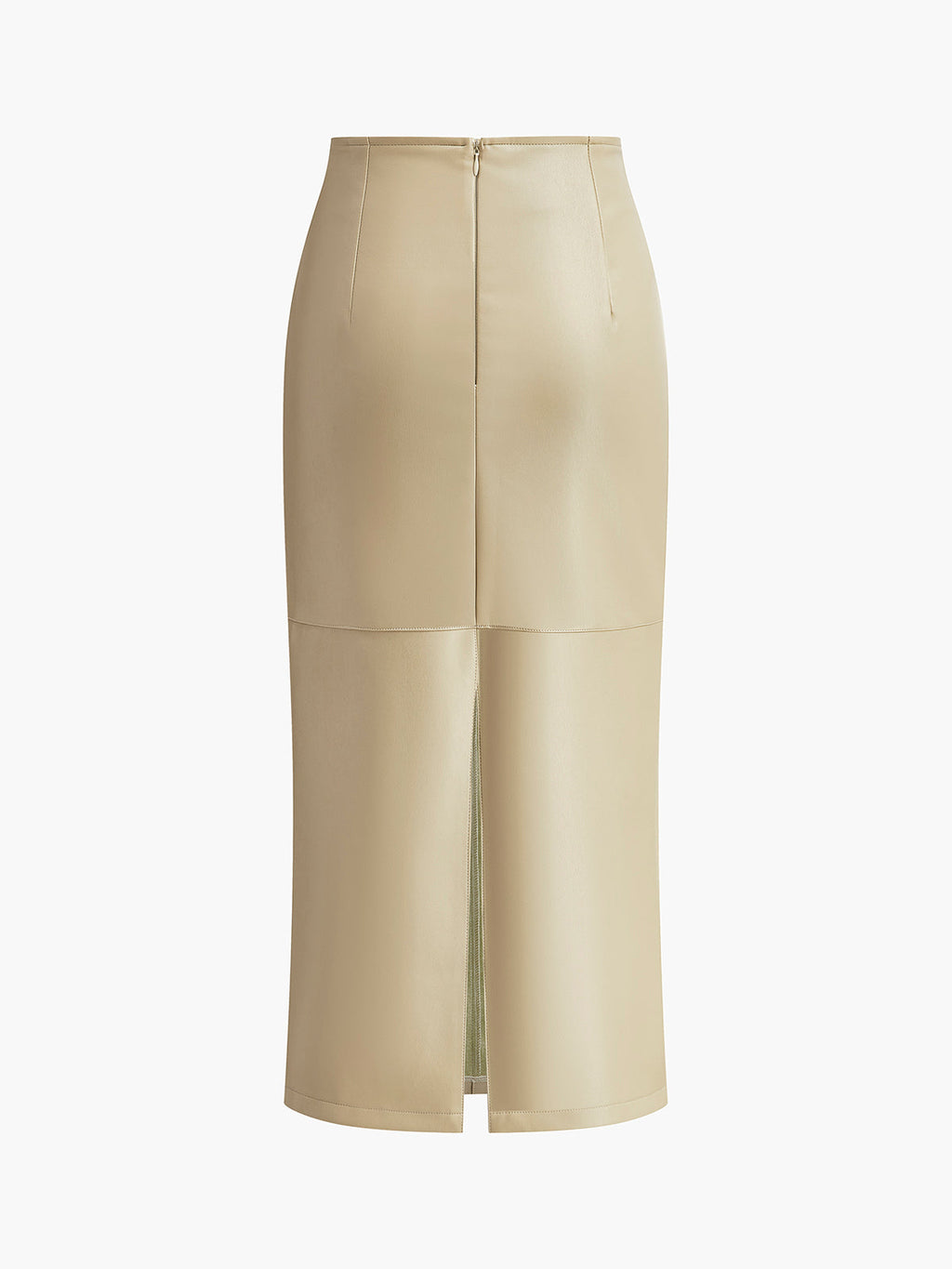 Faux Leather Midi Skirt with Piped Hem and Slit – High-Waist PU Skirt for Women