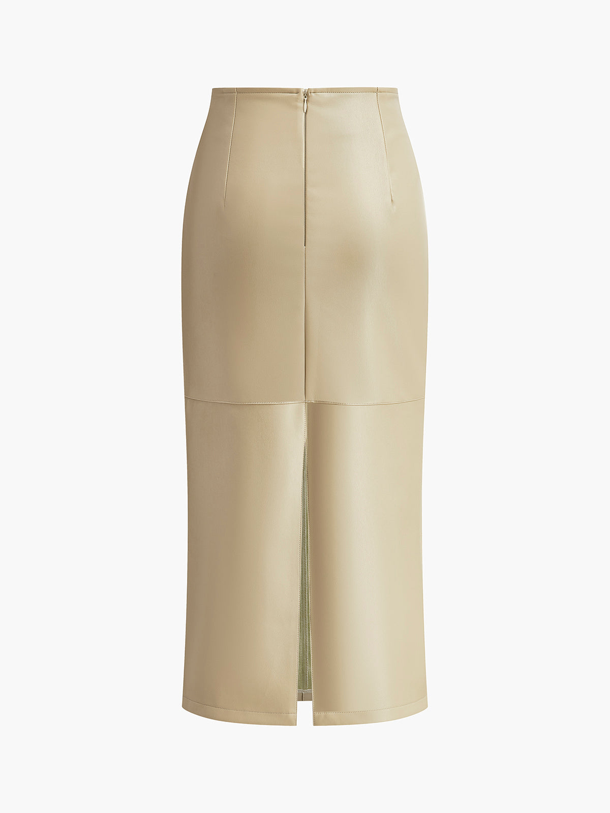 Faux Leather Midi Skirt with Piped Hem and Slit – High-Waist PU Skirt for Women