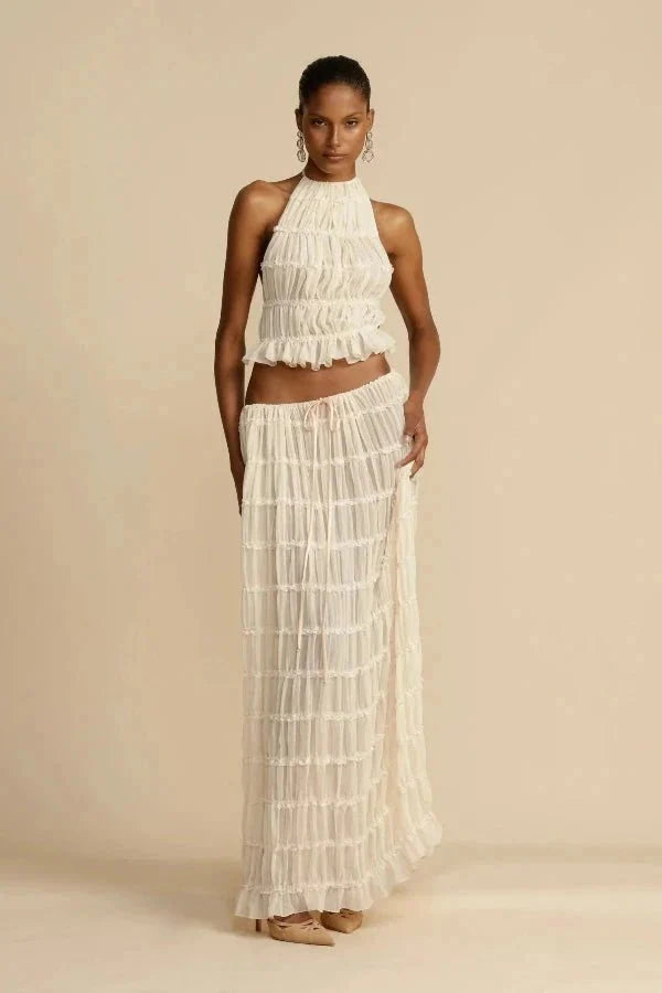 Bliss Women's Chiffon Tiered Co-Ord Set | Halter Crop Top & Maxi Skirt | Boho Casual & Evening