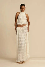 Bliss Women's Chiffon Tiered Co-Ord Set | Halter Crop Top & Maxi Skirt | Boho Casual & Evening
