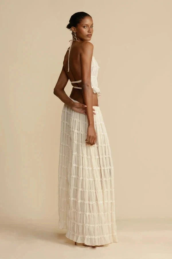 Bliss Women's Chiffon Tiered Co-Ord Set | Halter Crop Top & Maxi Skirt | Boho Casual & Evening