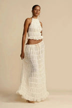 Bliss Women's Chiffon Tiered Co-Ord Set | Halter Crop Top & Maxi Skirt | Boho Casual & Evening