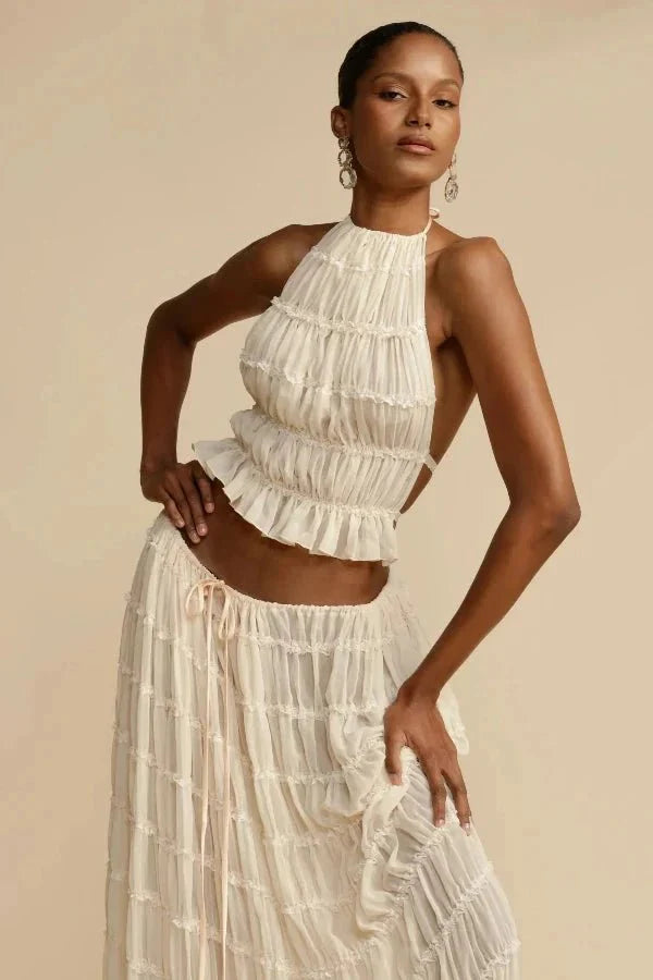 Bliss Women's Chiffon Tiered Co-Ord Set | Halter Crop Top & Maxi Skirt | Boho Casual & Evening