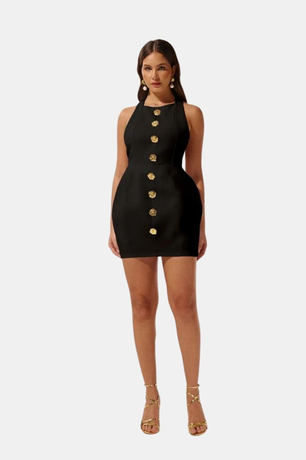 Becci Women's Halter Mini Dress | Backless Gold Button Going Out Dress | Party & Occasion Wear