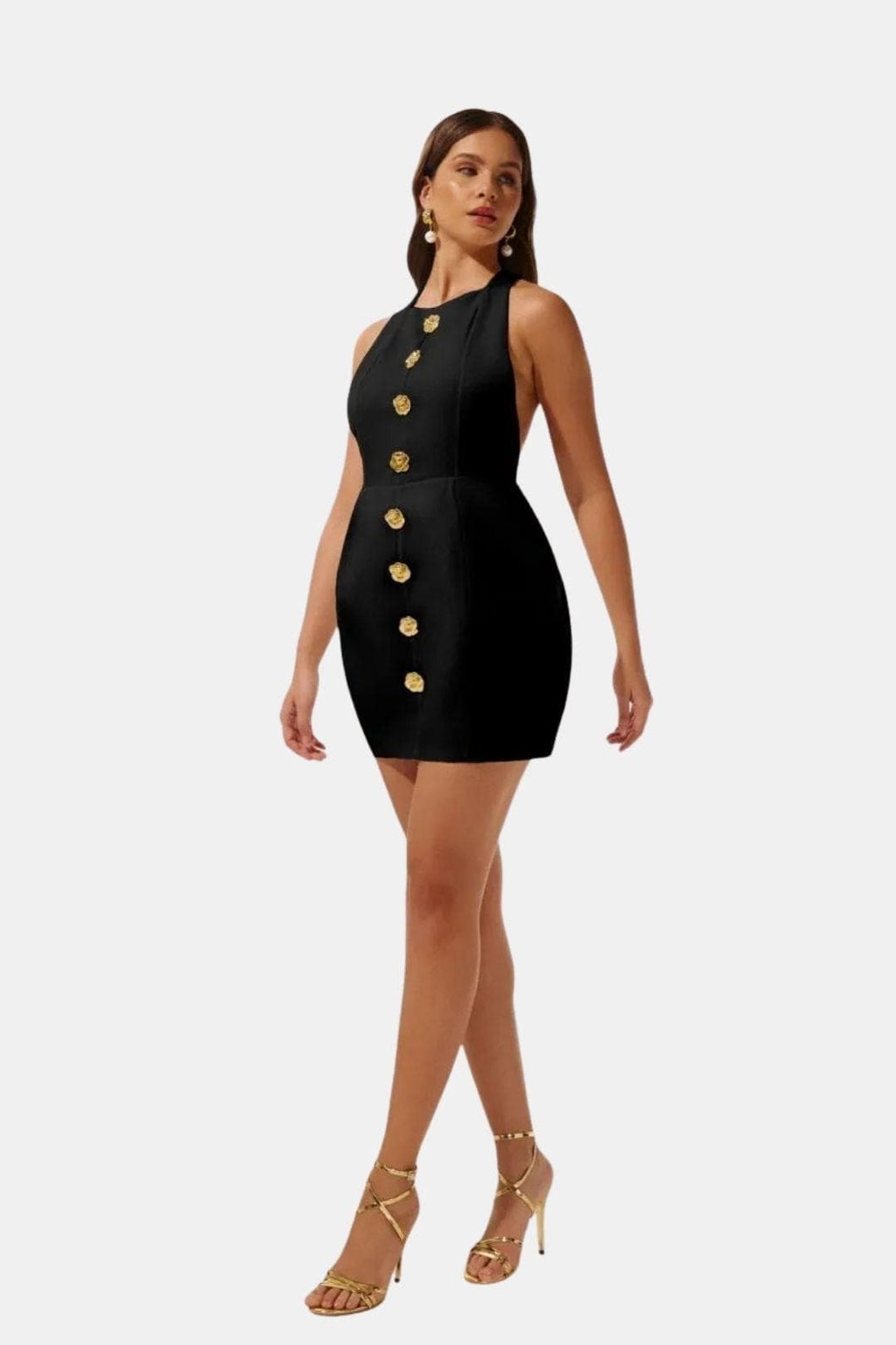 Becci Women's Halter Mini Dress | Backless Gold Button Going Out Dress | Party & Occasion Wear