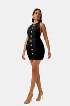 Becci Women's Halter Mini Dress | Backless Gold Button Going Out Dress | Party & Occasion Wear