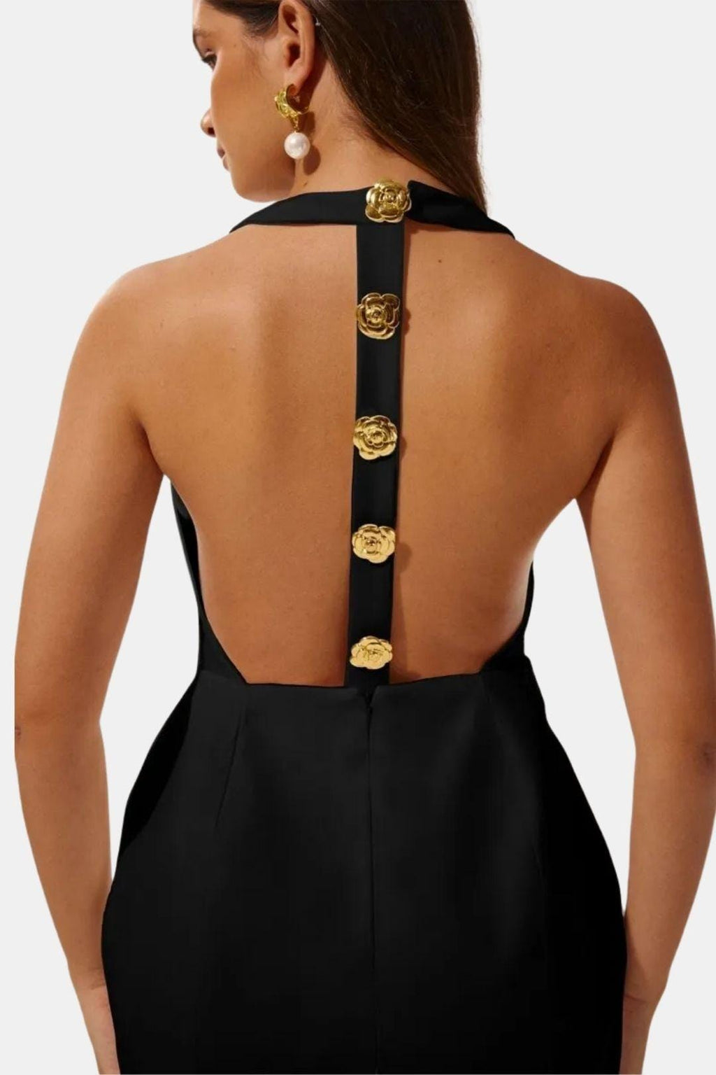 Becci Women's Halter Mini Dress | Backless Gold Button Going Out Dress | Party & Occasion Wear
