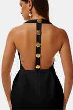 Becci Women's Halter Mini Dress | Backless Gold Button Going Out Dress | Party & Occasion Wear
