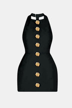 Becci Women's Halter Mini Dress | Backless Gold Button Going Out Dress | Party & Occasion Wear