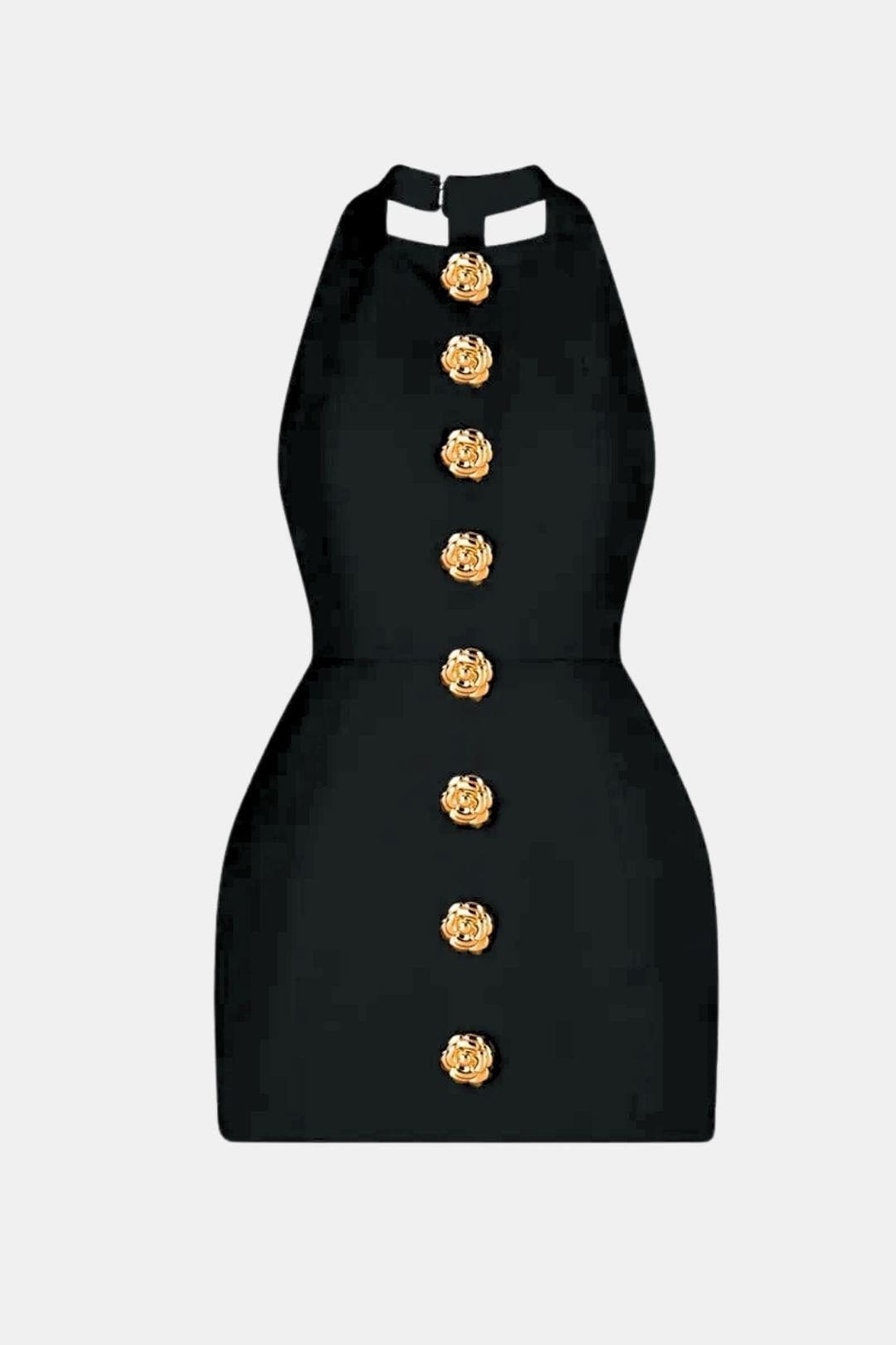 Becci Women's Halter Mini Dress | Backless Gold Button Going Out Dress | Party & Occasion Wear