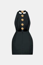 Becci Women's Halter Mini Dress | Backless Gold Button Going Out Dress | Party & Occasion Wear
