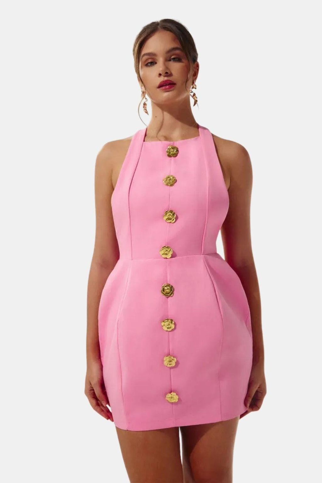 Becci Women's Halter Mini Dress | Backless Gold Button Going Out Dress | Party & Occasion Wear