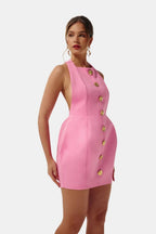 Becci Women's Halter Mini Dress | Backless Gold Button Going Out Dress | Party & Occasion Wear
