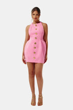 Becci Women's Halter Mini Dress | Backless Gold Button Going Out Dress | Party & Occasion Wear