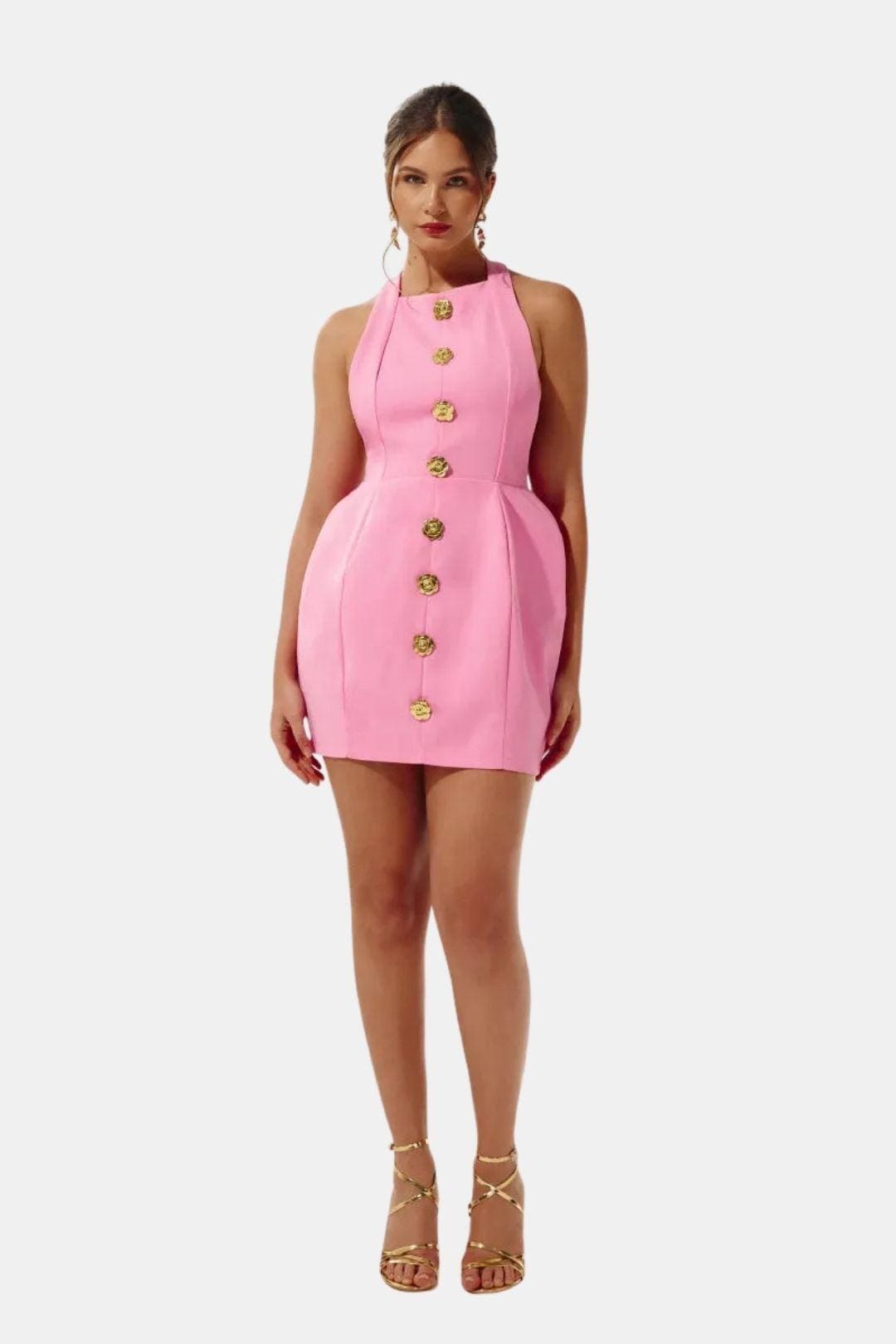 Becci Women's Halter Mini Dress | Backless Gold Button Going Out Dress | Party & Occasion Wear
