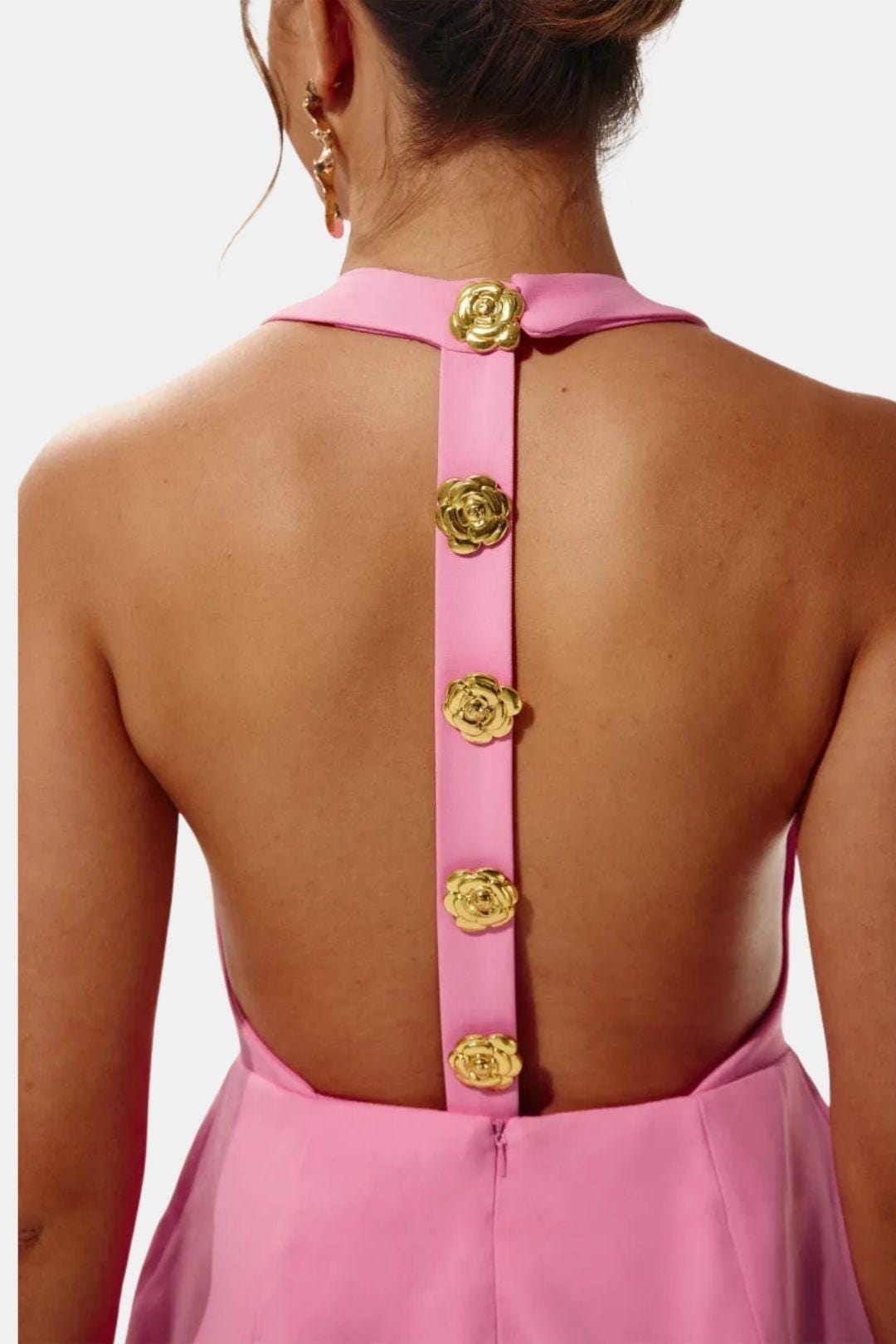 Becci Women's Halter Mini Dress | Backless Gold Button Going Out Dress | Party & Occasion Wear