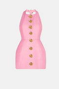 Becci Women's Halter Mini Dress | Backless Gold Button Going Out Dress | Party & Occasion Wear