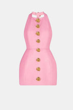 Becci Women's Halter Mini Dress | Backless Gold Button Going Out Dress | Party & Occasion Wear