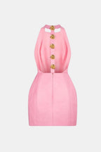 Becci Women's Halter Mini Dress | Backless Gold Button Going Out Dress | Party & Occasion Wear