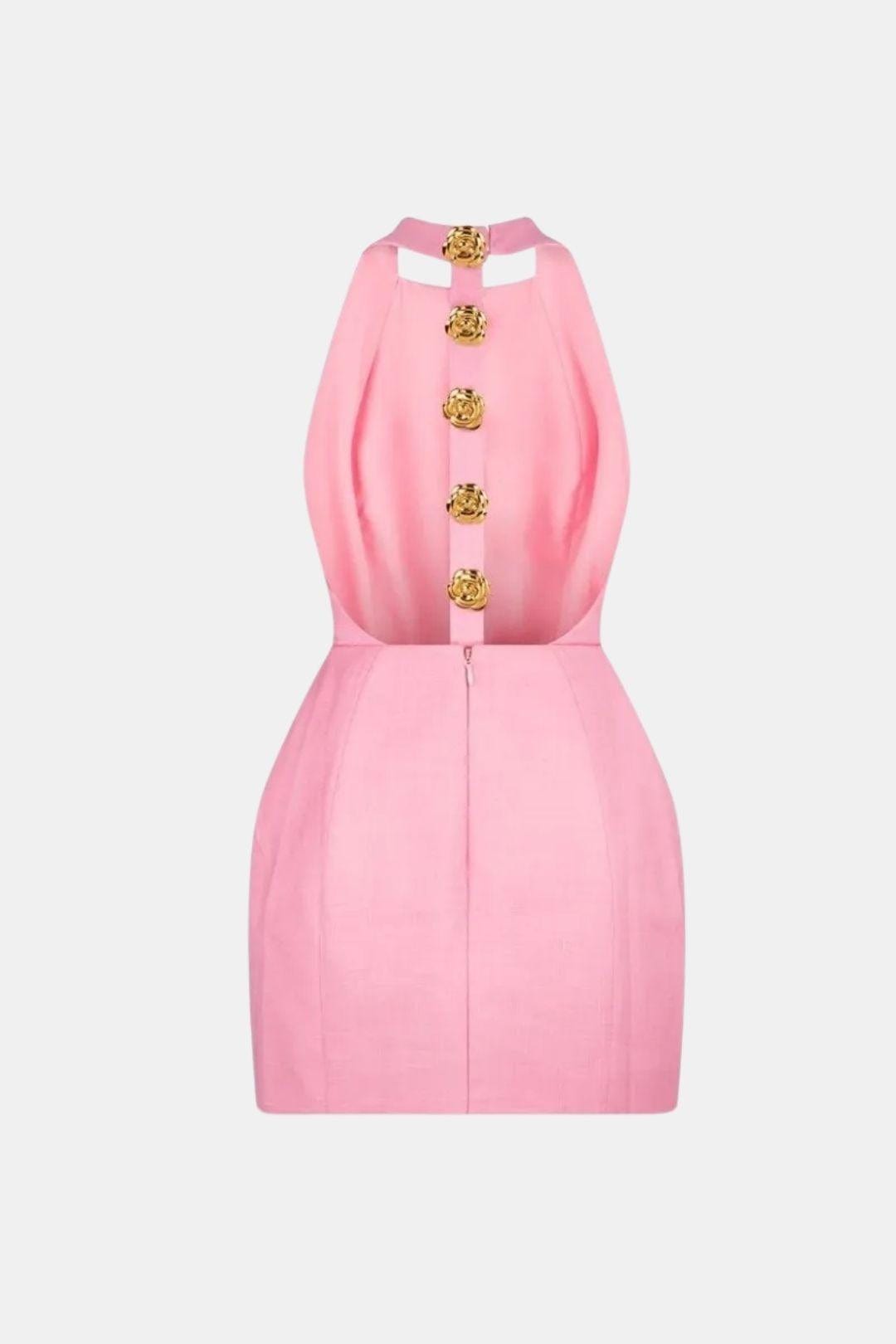 Becci Women's Halter Mini Dress | Backless Gold Button Going Out Dress | Party & Occasion Wear
