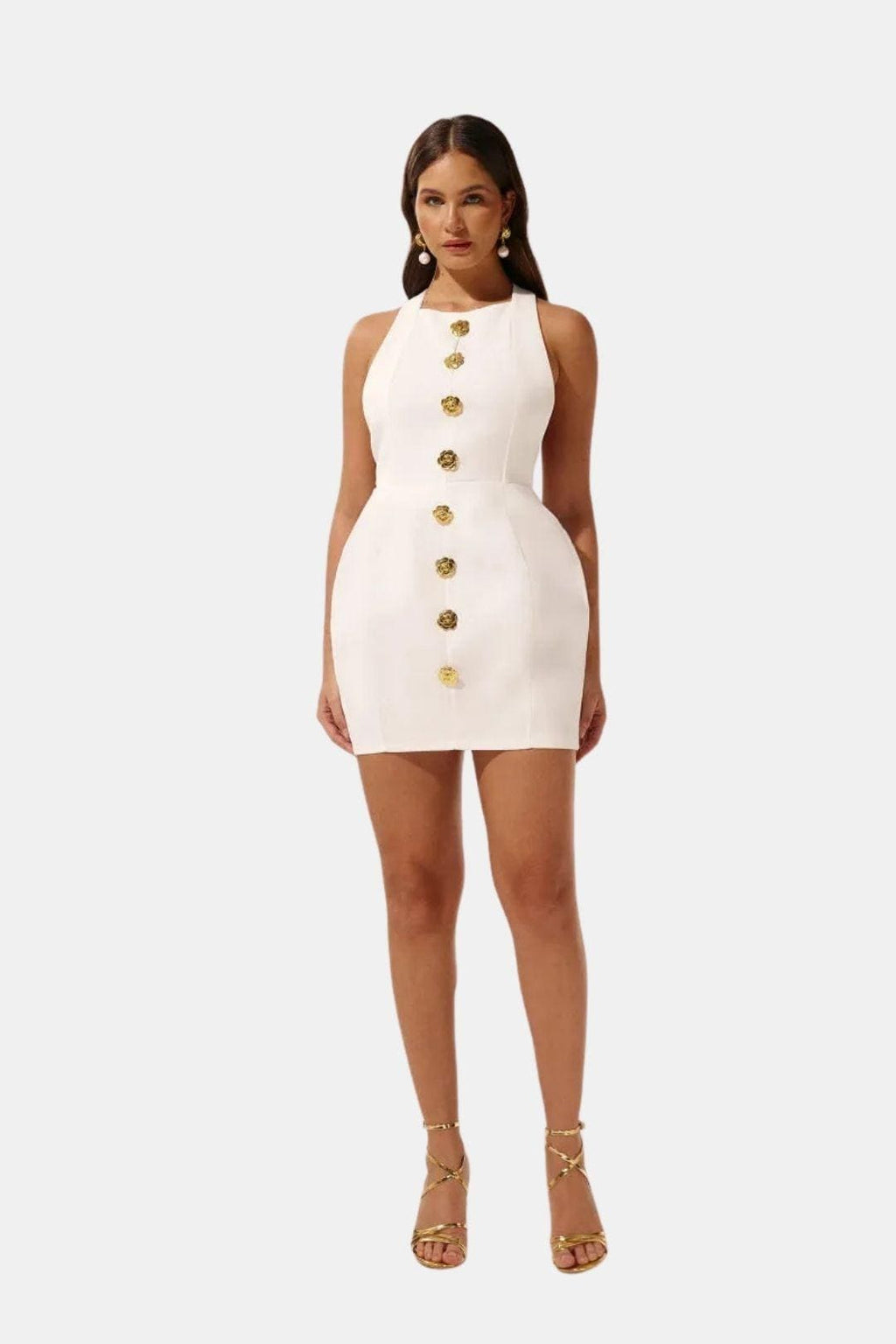 Becci Women's Halter Mini Dress | Backless Gold Button Going Out Dress | Party & Occasion Wear