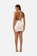 Becci Women's Halter Mini Dress | Backless Gold Button Going Out Dress | Party & Occasion Wear
