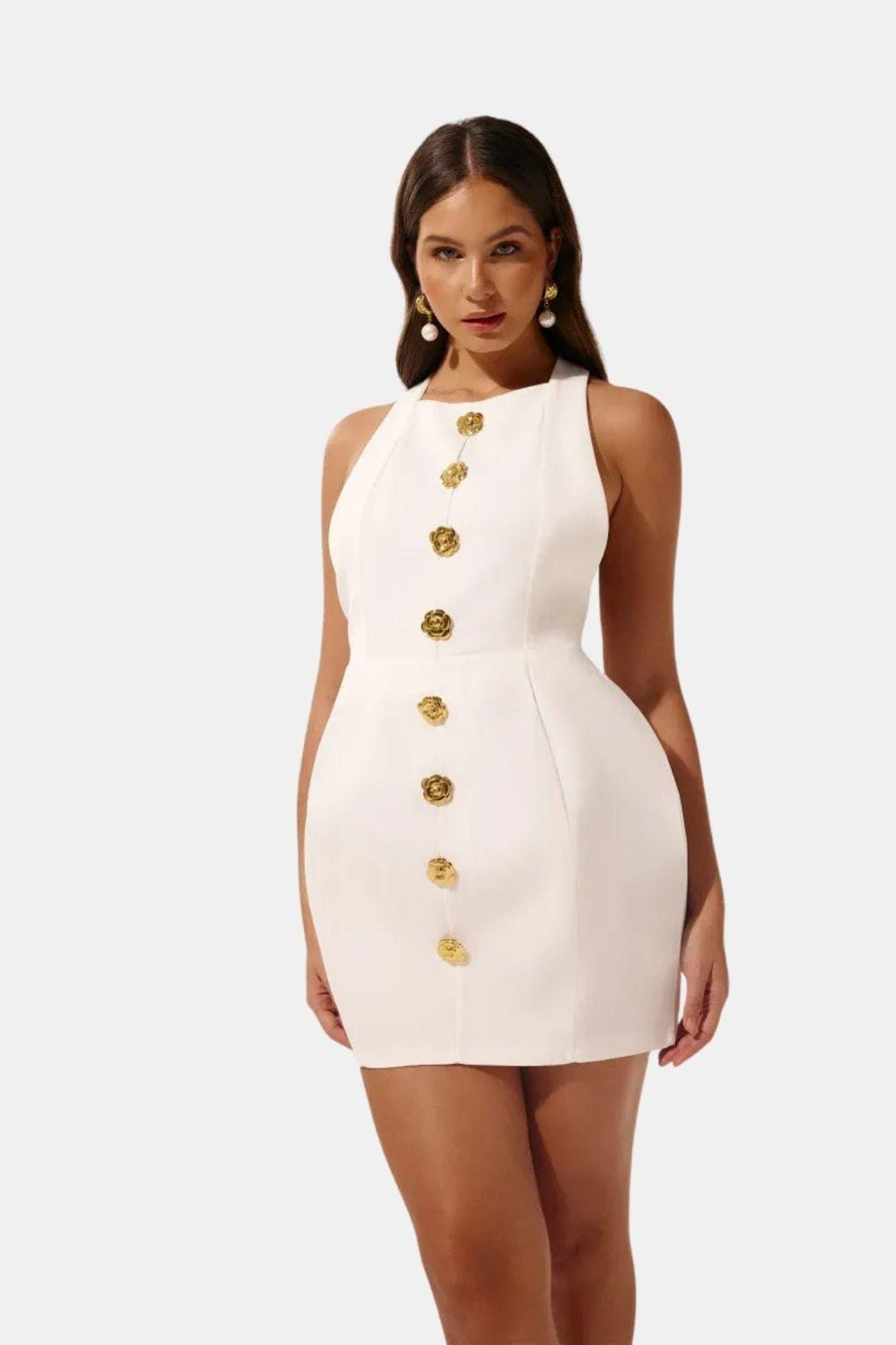 Becci Women's Halter Mini Dress | Backless Gold Button Going Out Dress | Party & Occasion Wear