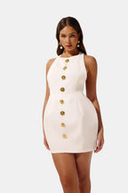 Becci Women's Halter Mini Dress | Backless Gold Button Going Out Dress | Party & Occasion Wear
