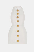 Becci Women's Halter Mini Dress | Backless Gold Button Going Out Dress | Party & Occasion Wear