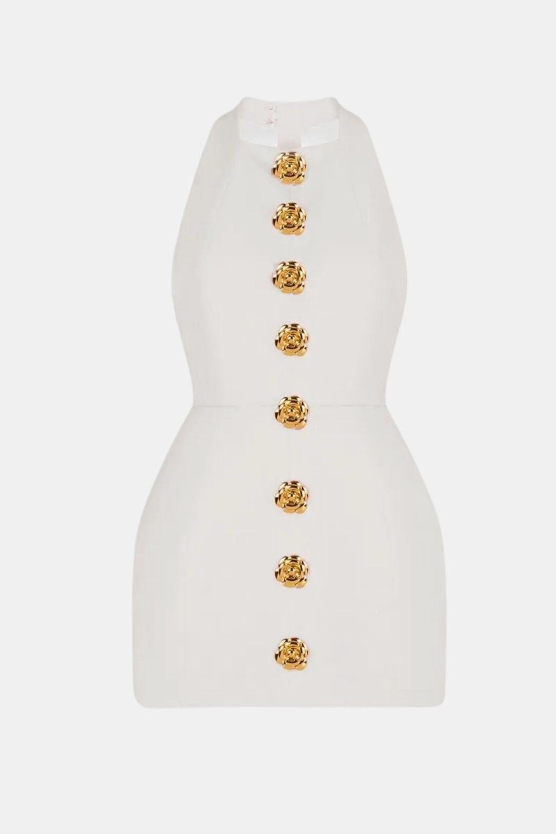 Becci Women's Halter Mini Dress | Backless Gold Button Going Out Dress | Party & Occasion Wear