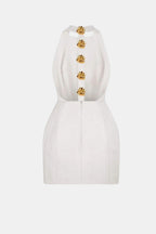 Becci Women's Halter Mini Dress | Backless Gold Button Going Out Dress | Party & Occasion Wear