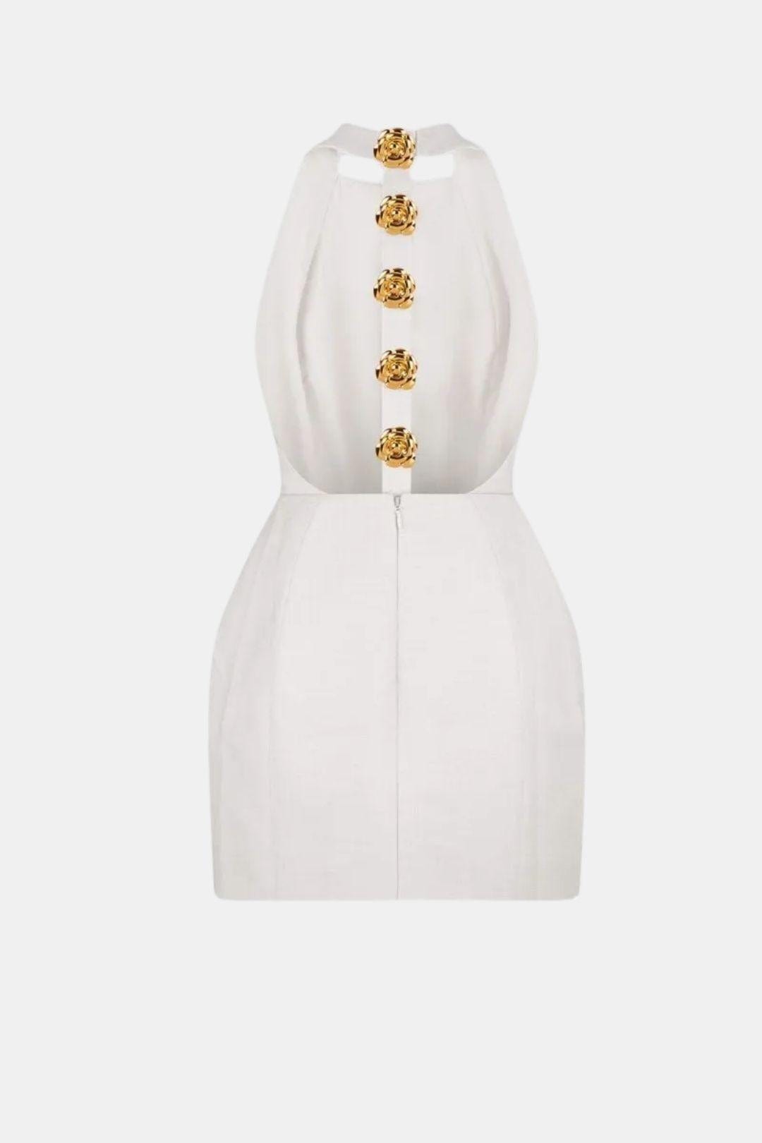Becci Women's Halter Mini Dress | Backless Gold Button Going Out Dress | Party & Occasion Wear