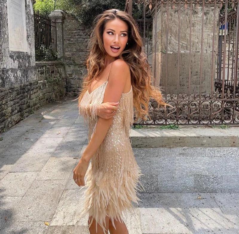 Marj Women's Fringe Feather Cocktail Dress | Glamorous Party Mini Dress for Women | Evening Going Out & Occasion Wear