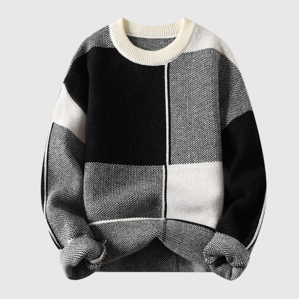 Cosimo Men's Geometric Pattern Wool Crew Neck Sweater | Chunky Knit Jacquard Jumper for Men | Trendy Smart Casual Everyday Knitwear