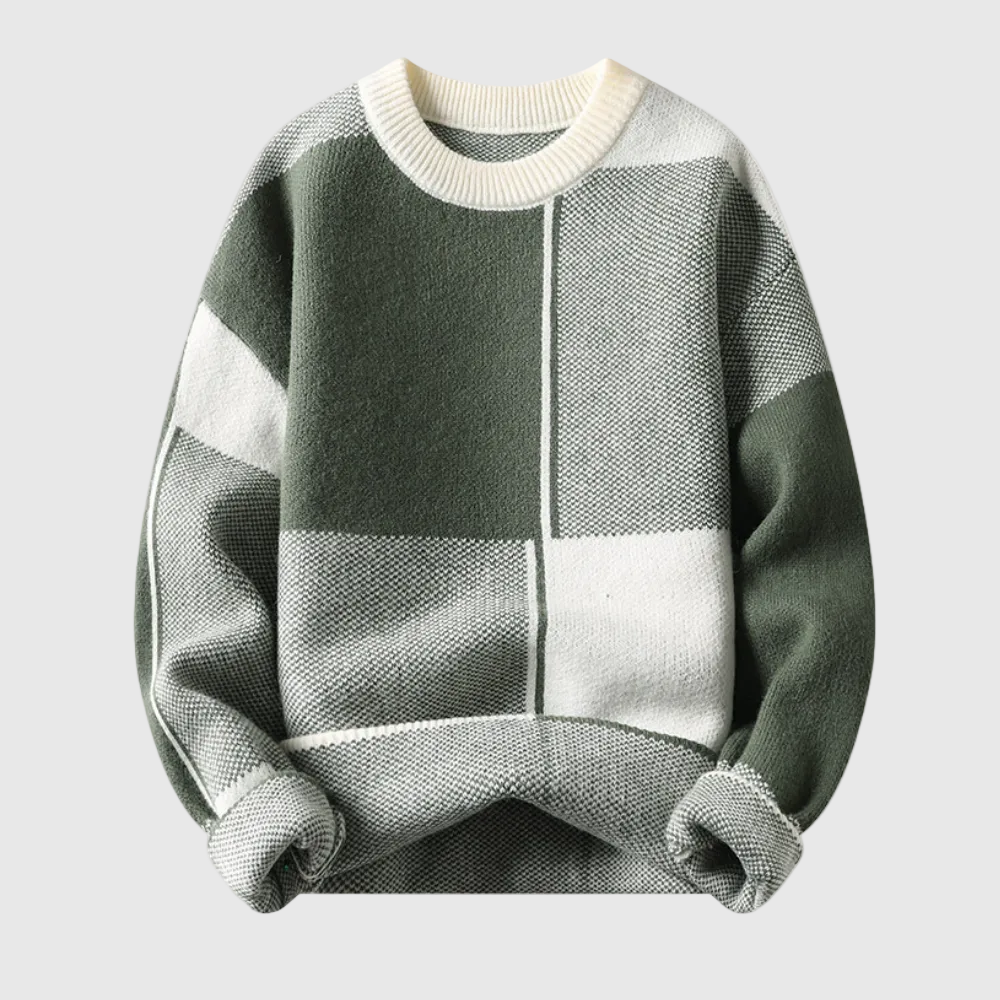Cosimo Men's Geometric Pattern Wool Crew Neck Sweater | Chunky Knit Jacquard Jumper for Men | Trendy Smart Casual Everyday Knitwear