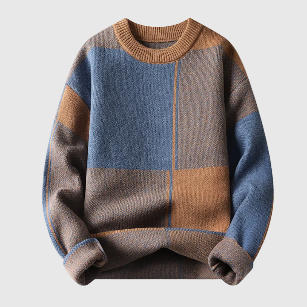 Cosimo Men's Geometric Pattern Wool Crew Neck Sweater | Chunky Knit Jacquard Jumper for Men | Trendy Smart Casual Everyday Knitwear