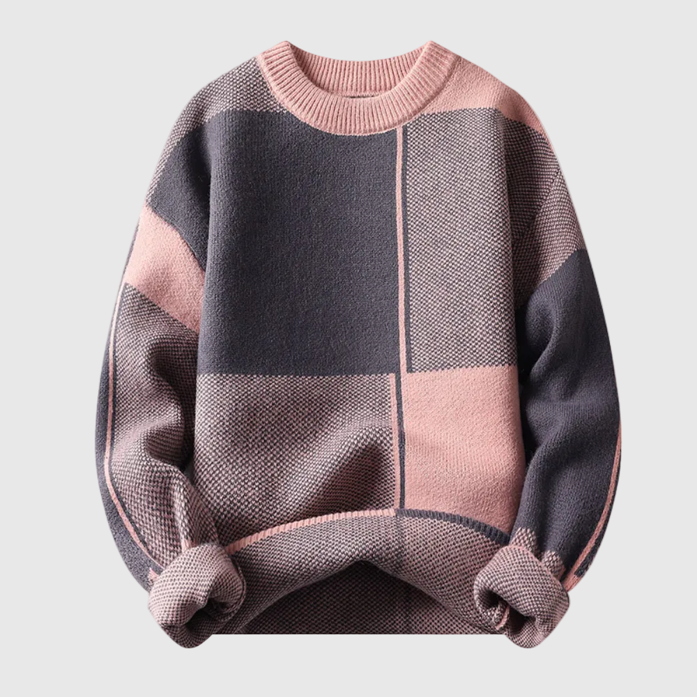 Cosimo Men's Geometric Pattern Wool Crew Neck Sweater | Chunky Knit Jacquard Jumper for Men | Trendy Smart Casual Everyday Knitwear
