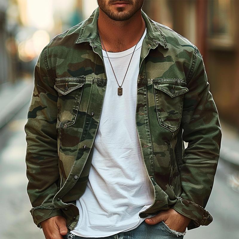 Camouflage Men's Retro Canvas Lapel Jacket | Military Camo Print Button-Down Jacket for Men | Casual Streetwear & Everyday Outerwear