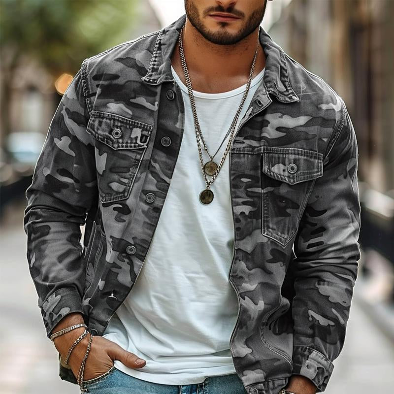Camouflage Men's Retro Canvas Lapel Jacket | Military Camo Print Button-Down Jacket for Men | Casual Streetwear & Everyday Outerwear