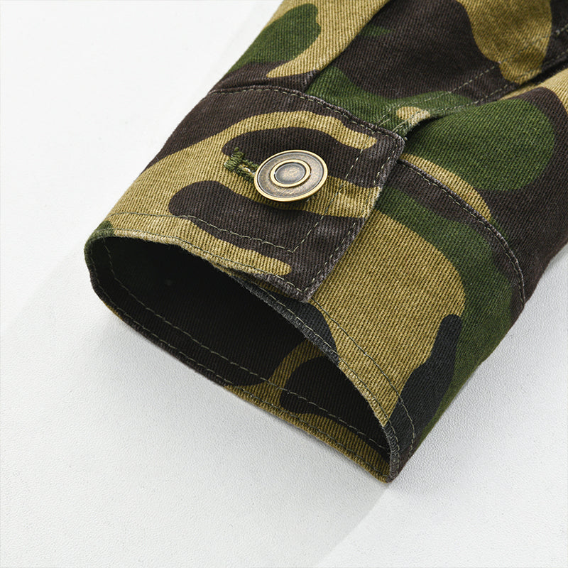Camouflage Men's Retro Canvas Lapel Jacket | Military Camo Print Button-Down Jacket for Men | Casual Streetwear & Everyday Outerwear